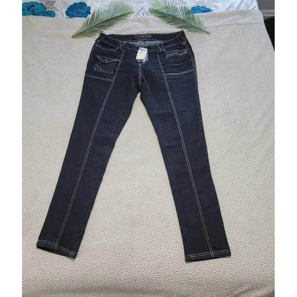 Coogi Women's Skinny Jeans Denim Faux Leather Pocket Blue Size 14W NEW with Tags